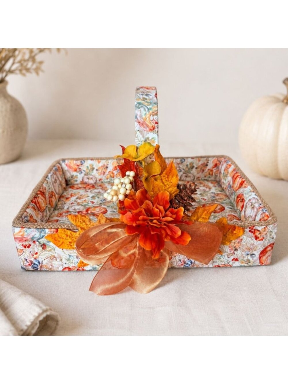 Handcrafted Autumn Basket Fabric Pumpkin Floral Centerpiece Fall Decor Harvest